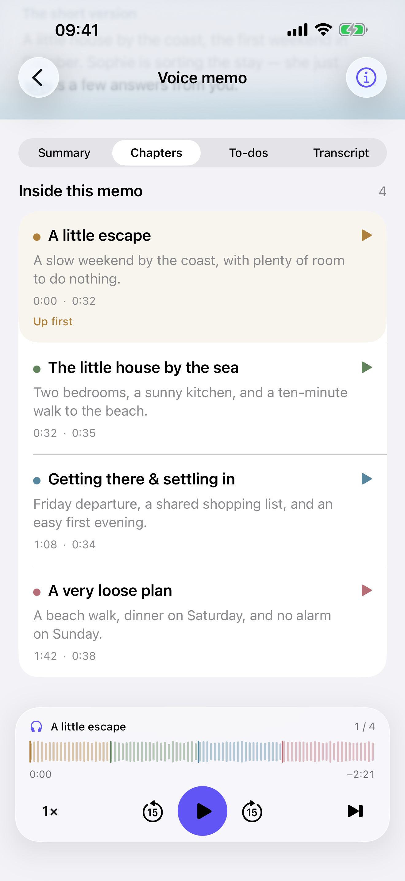 Four named chapters with short descriptions and timestamps in a voice memo.