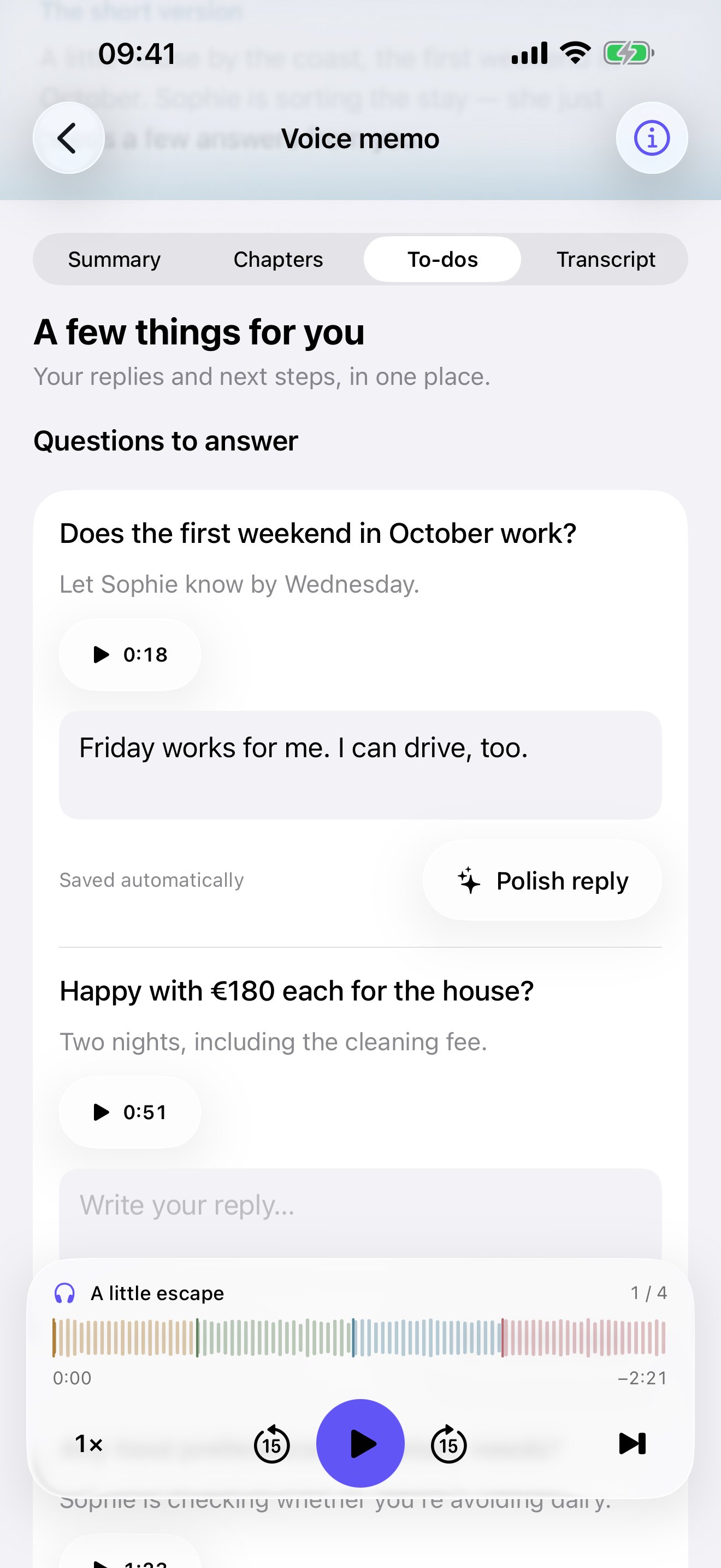 A question from the voice memo with an inline reply and a Polish reply button.