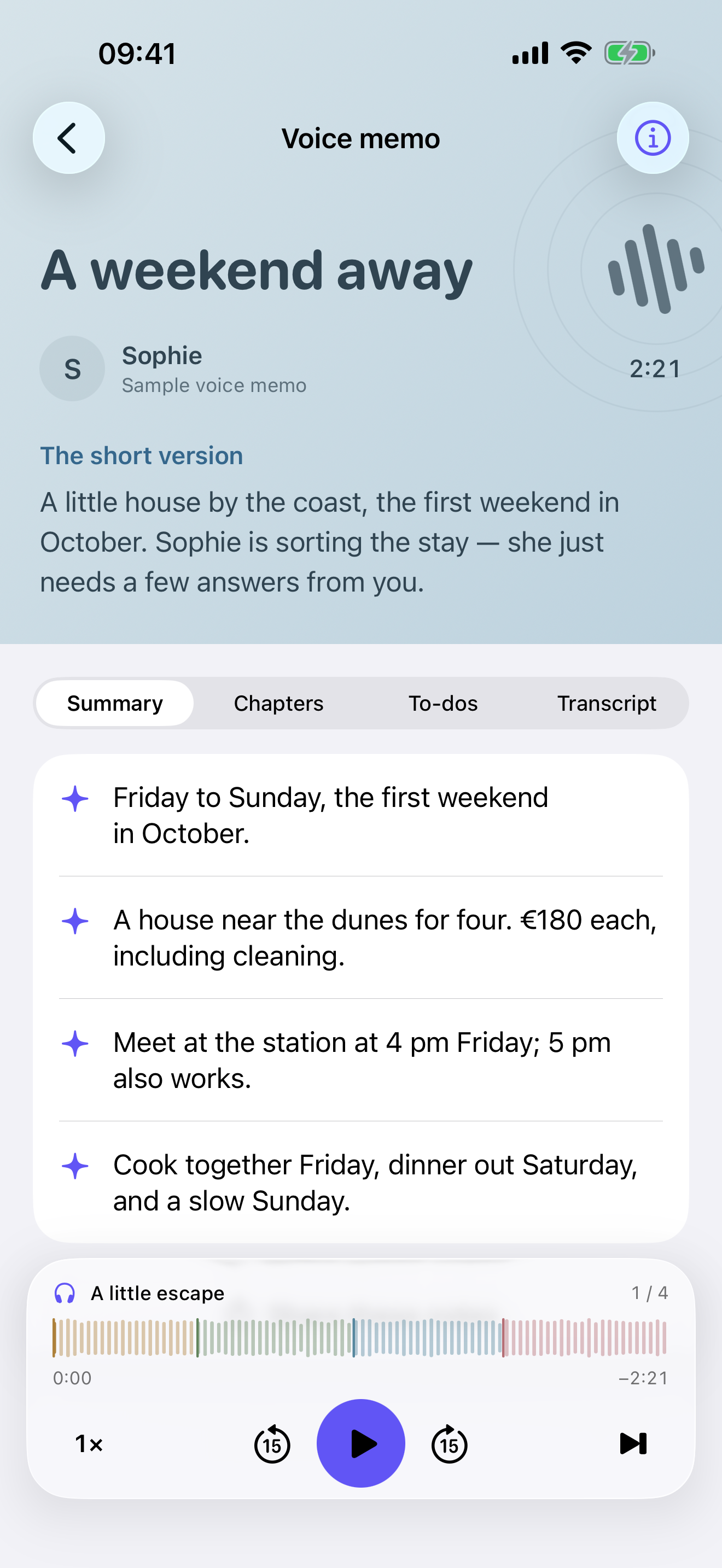 Mono shows a voice memo called A weekend away with a short summary, key points, and playback controls.